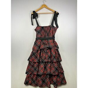 Dark Academia Francesca's Women Medium Red Plaid Tiered Tie Shoulder Midi Dress